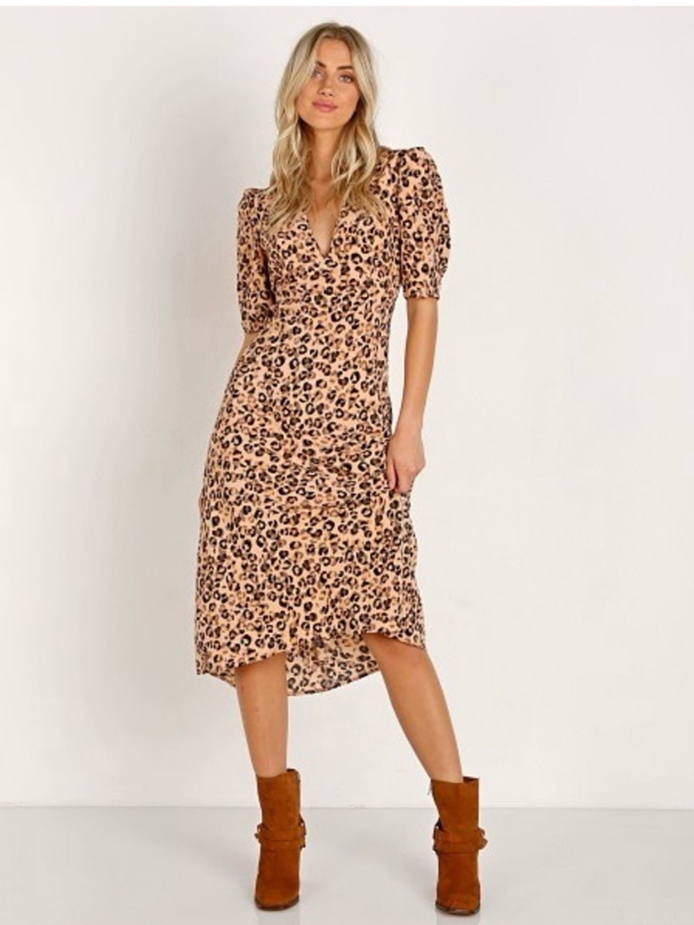 Astr Leopard Print V-Neck Midi Dress - Tan & Black